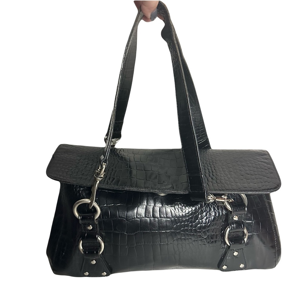 Ralph Lauren Black Crocodile-Embossed Shoulder Bag